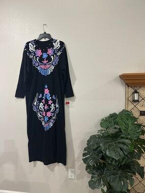 Black Maxi Dress with Pink & Blue Floral Embroidery